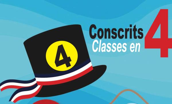 compo graphique annonçant les conscrits des classes en 4 - chapeau de conscrit sur fond bleu
