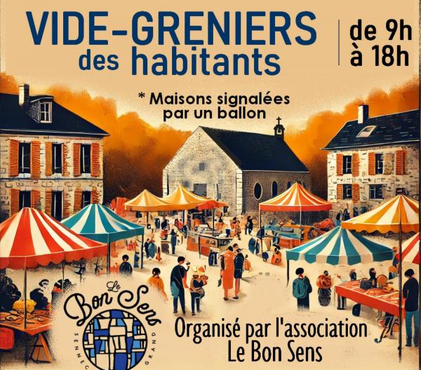 dessin de maisons organisant un vide greniers sur une place de village