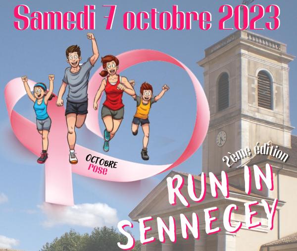 photo de l'église paroissiale avec le logo (une famille qui court / avec ruban rose d'octobre rose) annonçant la 2ème édition du RUN IN SENNECEY