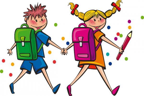 dessin de 2 enfants cartables au dos allant à l'école